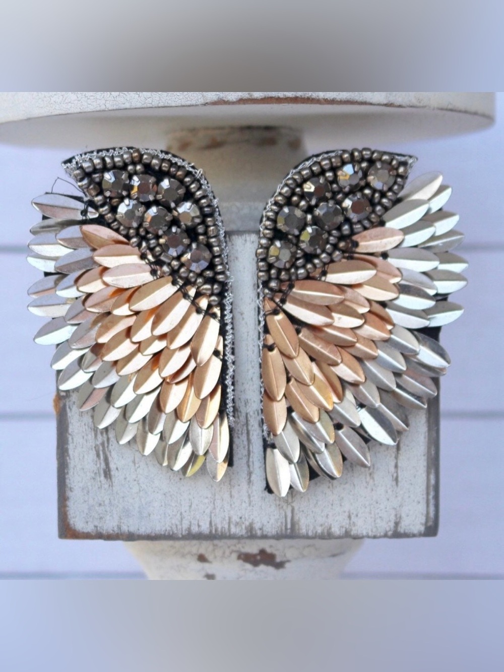 Beaded Angel Wing Statement Earrings Metallic Sequins & Beads Celestial Dangle